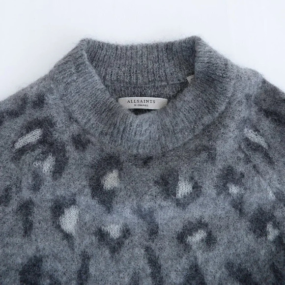 All  Saints Grey Animal Print 55% Mohair, 13% Wool Crewneck Sweater XSmall - Picture 11 of 14